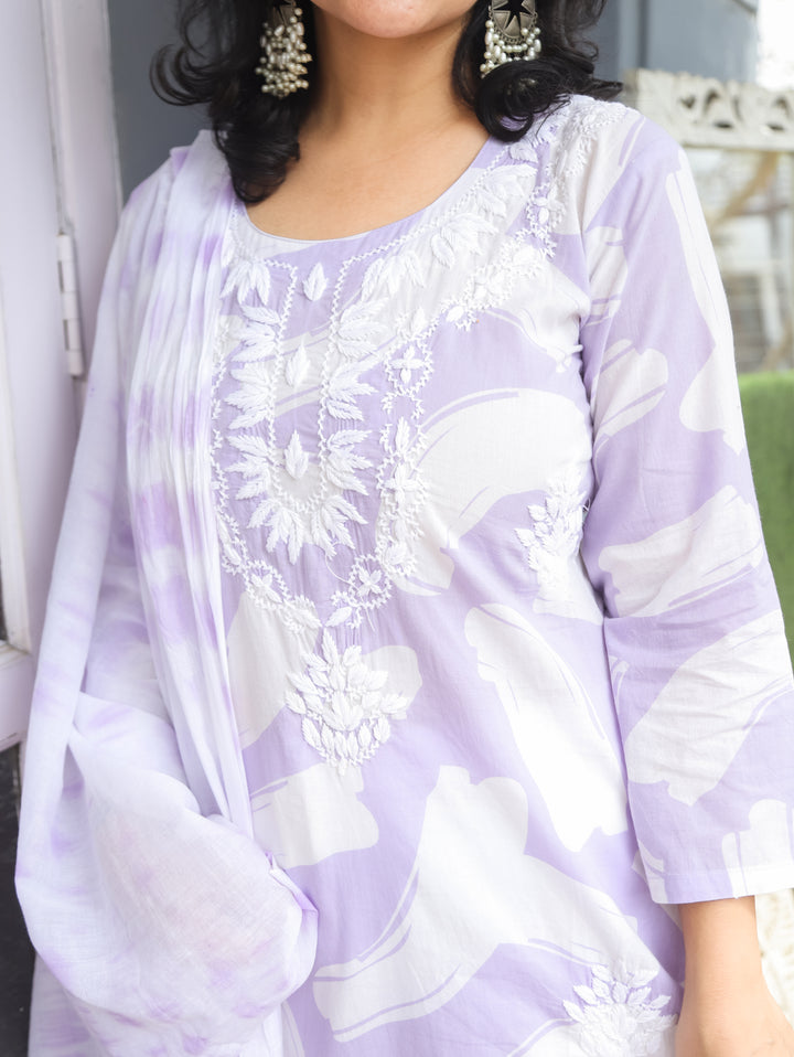 Kira Soft Lilac Chikankari Cotton 3 Piece Set