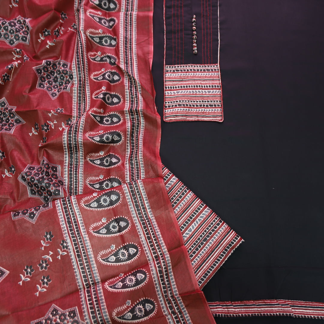 Radhika Ebony Black Polti Button with Stripe Printed Neck Patch Cotton Suit Set