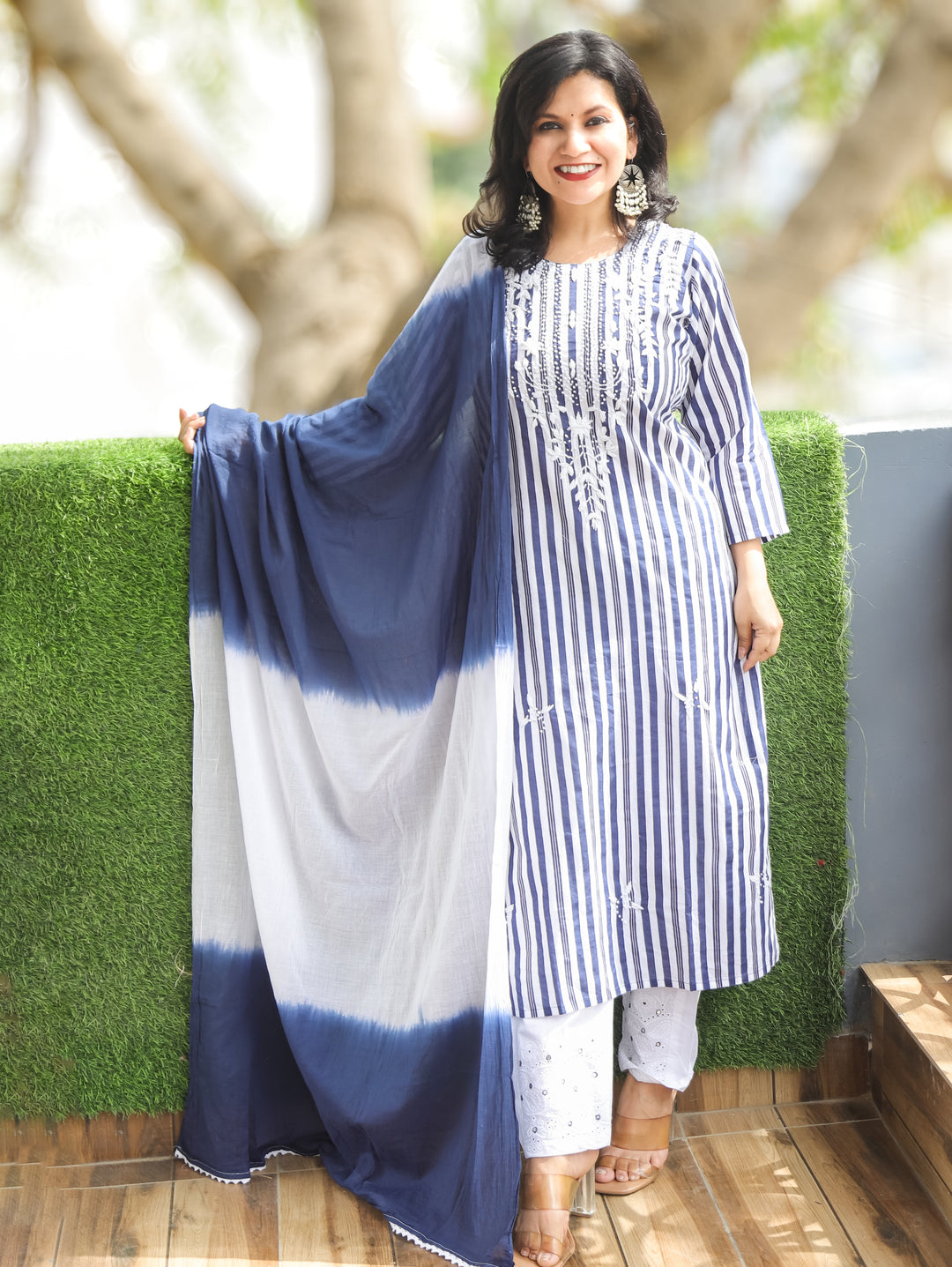 Kira Navy Blue Emboirdered Cotton 3 Piece Set