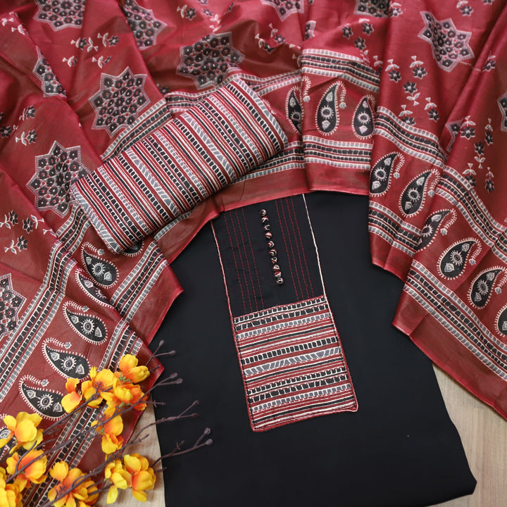 Radhika Ebony Black Polti Button with Stripe Printed Neck Patch Cotton Suit Set
