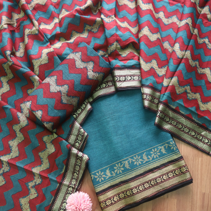 इश्कखुमारी Faded Teal Mangalgiri Hem Work Cotton Suit Set