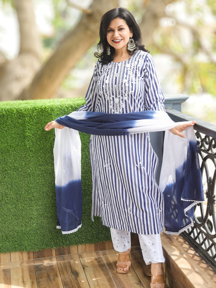 Kira Navy Blue Emboirdered Cotton 3 Piece Set
