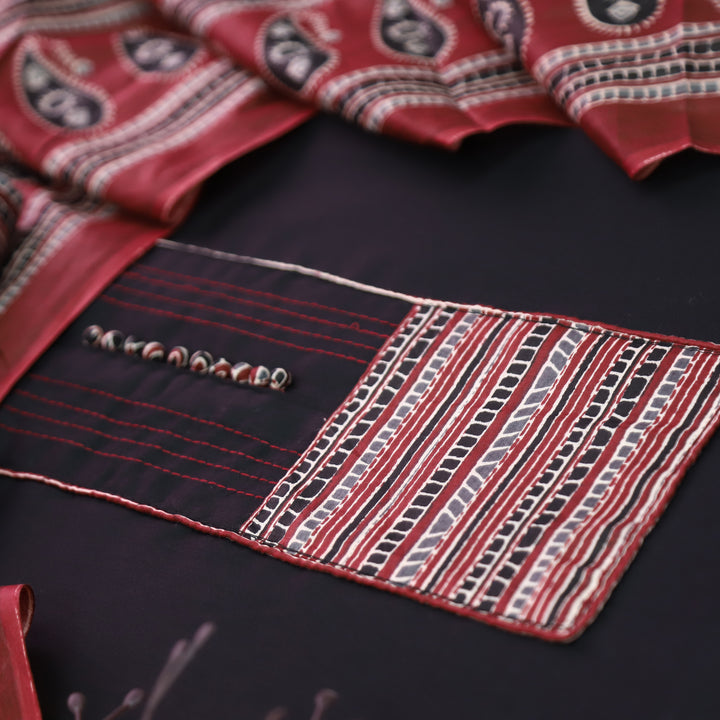 Radhika Ebony Black Polti Button with Stripe Printed Neck Patch Cotton Suit Set