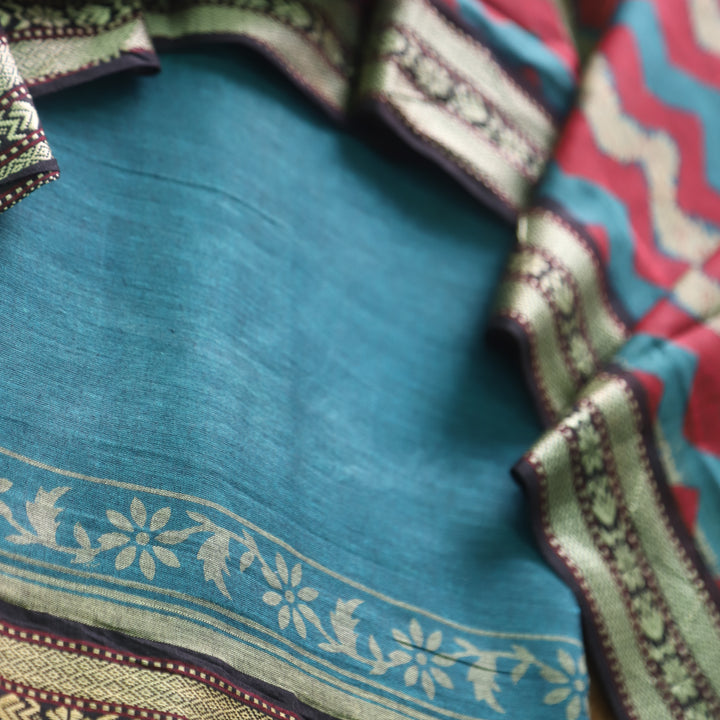 इश्कखुमारी Faded Teal Mangalgiri Hem Work Cotton Suit Set