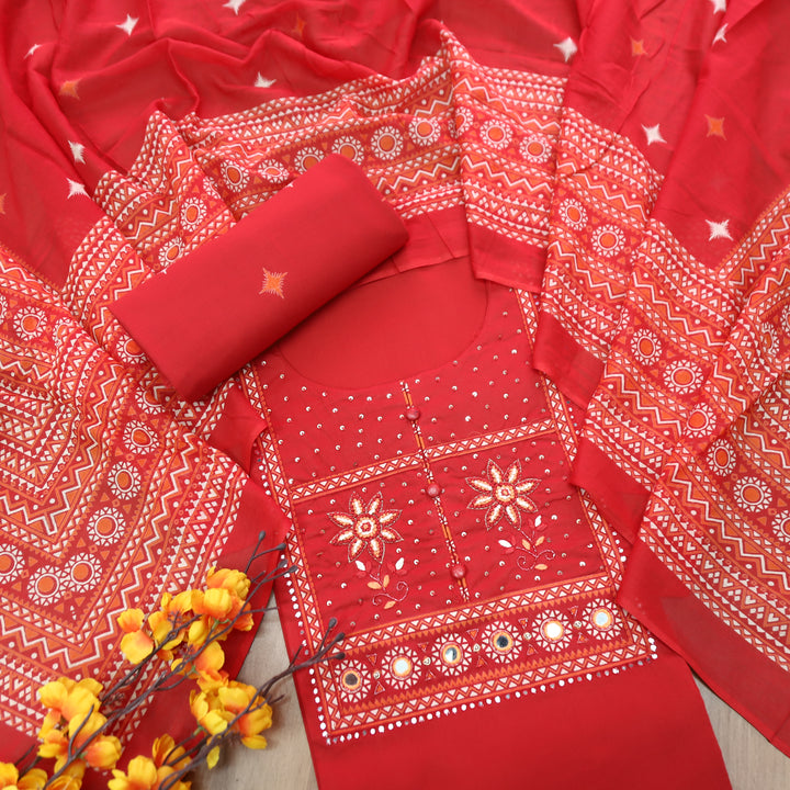 Yashvi Cherry Red Floral Thread with Fabric Button Patra Yoke Work Cotton Set