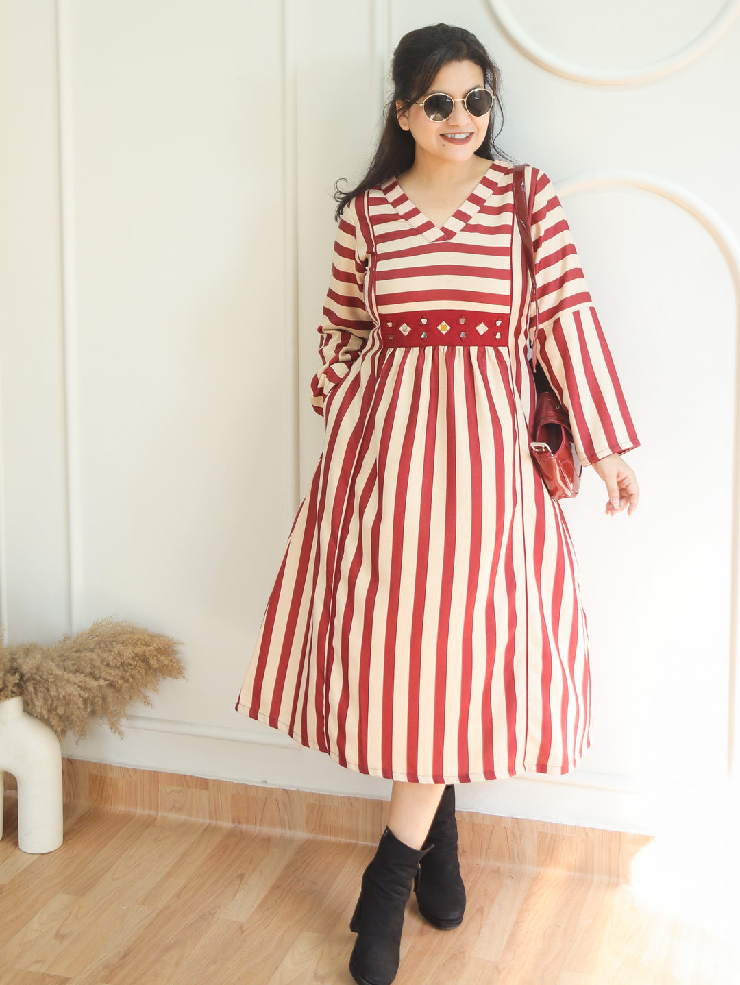 Joe White Magenta Stripe Print Panel Style Winter Twill Dress