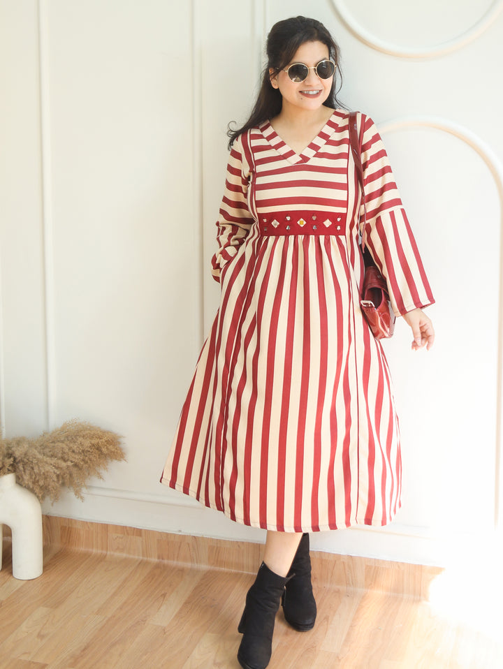 Joe White Magenta Stripe Print Panel Style Winter Twill Dress