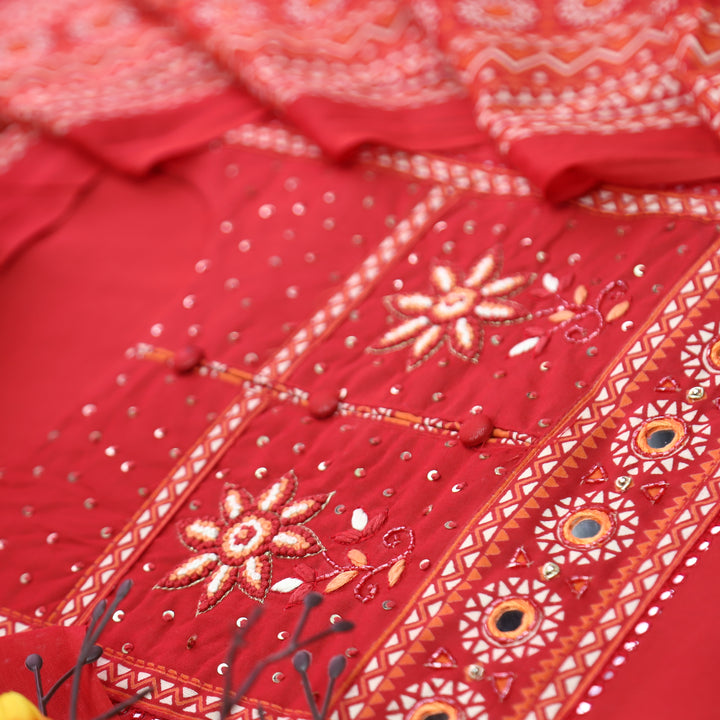 Yashvi Cherry Red Floral Thread with Fabric Button Patra Yoke Work Cotton Set