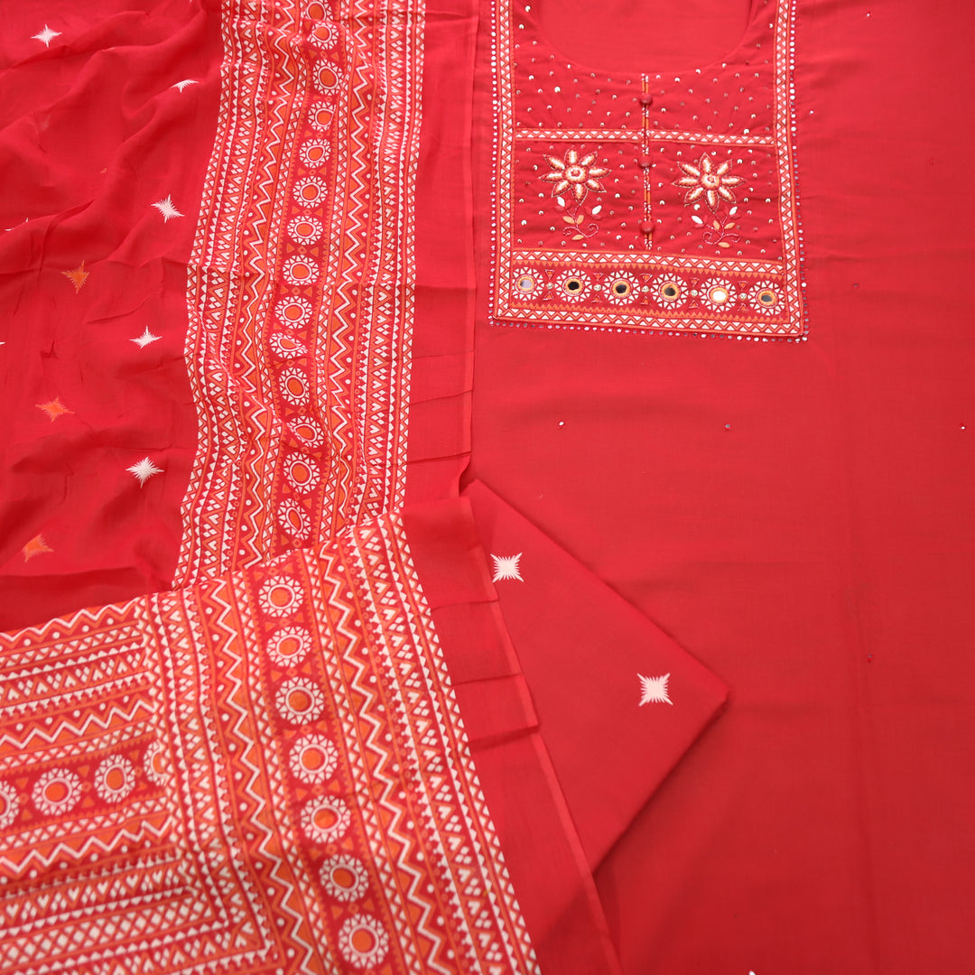 Yashvi Cherry Red Floral Thread with Fabric Button Patra Yoke Work Cotton Set
