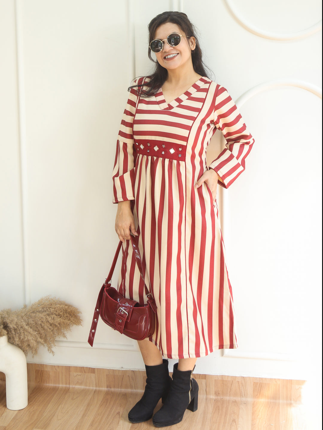 Joe White Magenta Stripe Print Panel Style Winter Twill Dress