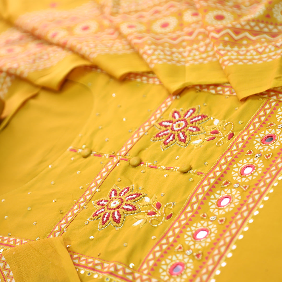 Yashvi Canary Yellow Floral Thread with Fabric Button Patra Yoke Work Cotton Set