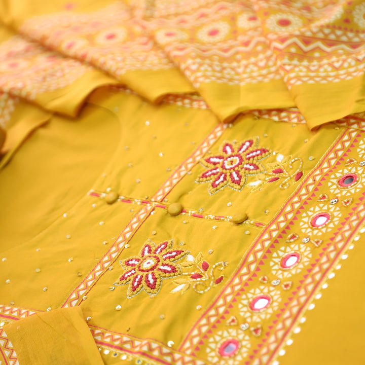Yashvi Canary Yellow Floral Thread with Fabric Button Patra Yoke Work Cotton Set