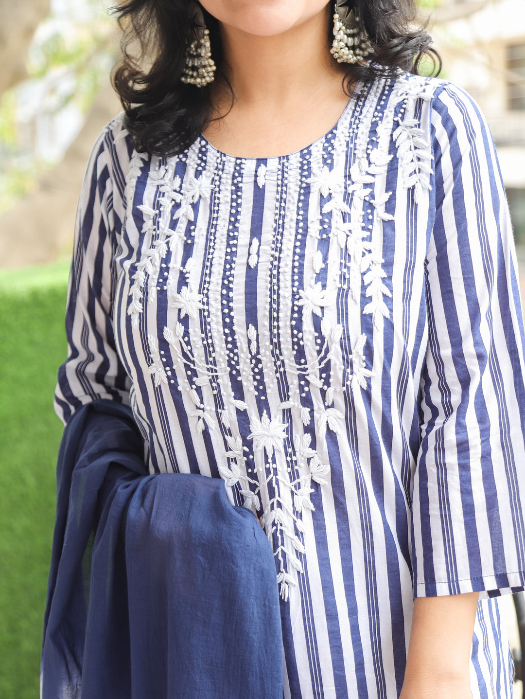 Kira Navy Blue Emboirdered Cotton 3 Piece Set