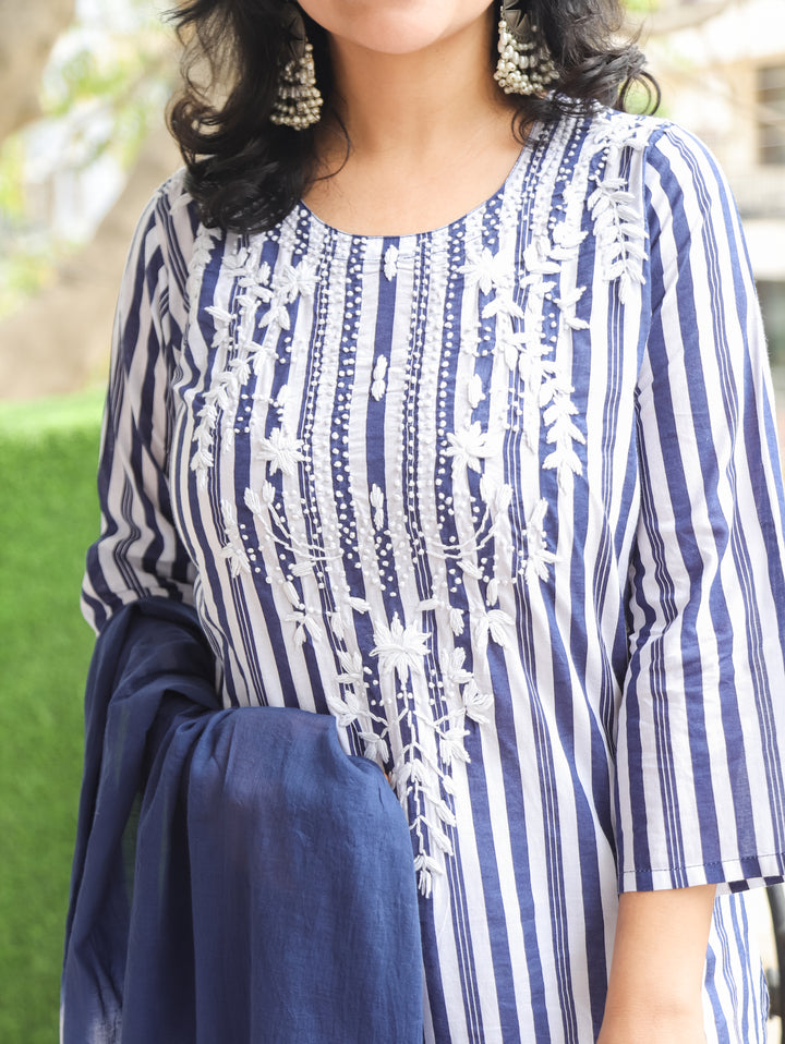 Kira Navy Blue Emboirdered Cotton 3 Piece Set