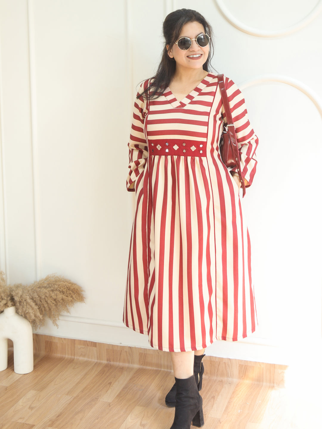Joe White Magenta Stripe Print Panel Style Winter Twill Dress