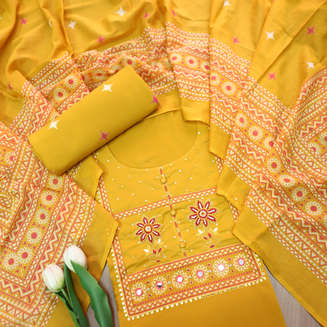 Yashvi Canary Yellow Floral Thread with Fabric Button Patra Yoke Work Cotton Set