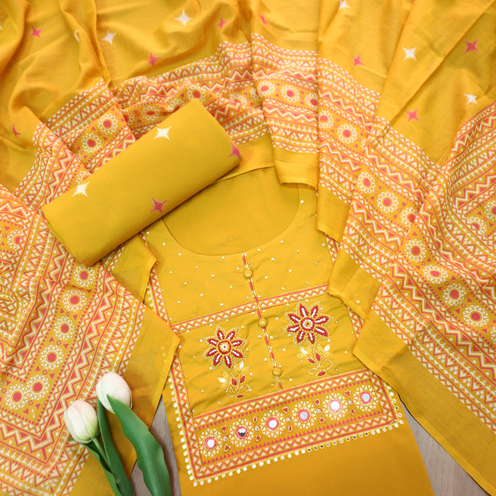Yashvi Canary Yellow Floral Thread with Fabric Button Patra Yoke Work Cotton Set