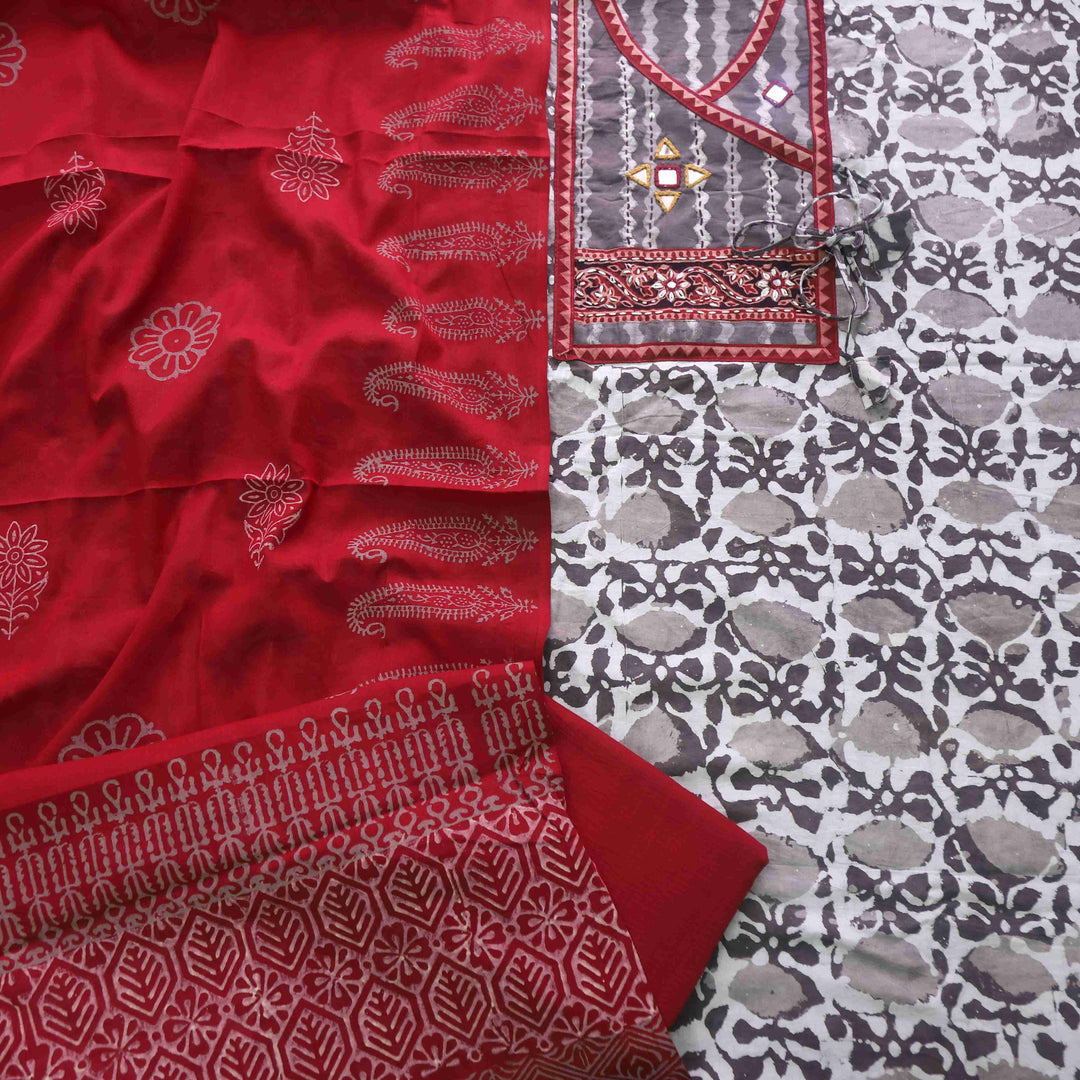 Khairiyat Tan Beige Angrakha Kutch Neck Work Cotton Suit Set-D1