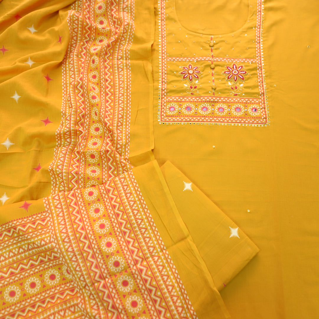 Yashvi Canary Yellow Floral Thread with Fabric Button Patra Yoke Work Cotton Set