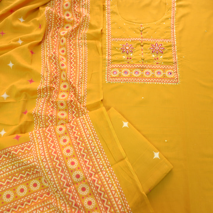 Yashvi Canary Yellow Floral Thread with Fabric Button Patra Yoke Work Cotton Set