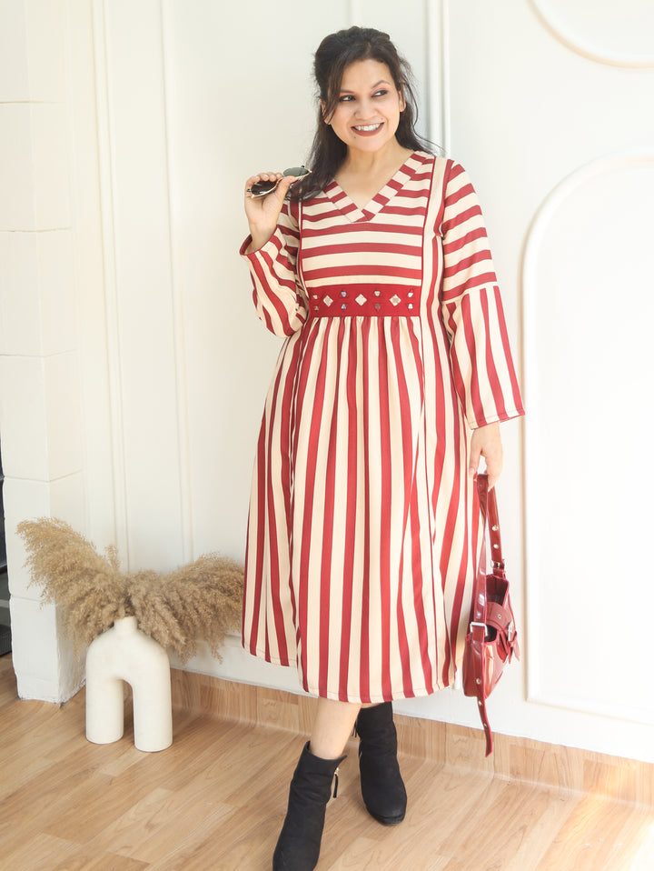 Joe White Magenta Stripe Print Panel Style Winter Twill Dress