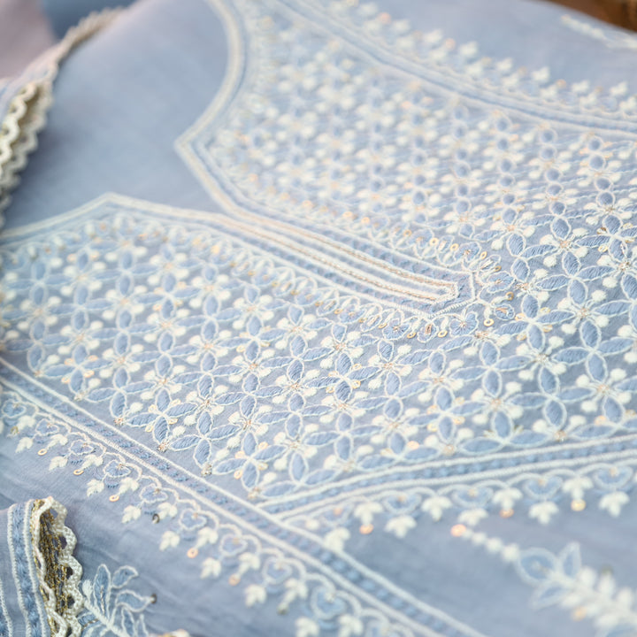 Jeevika Powder Blue Embroidered Panel Mul Chanderi Set
