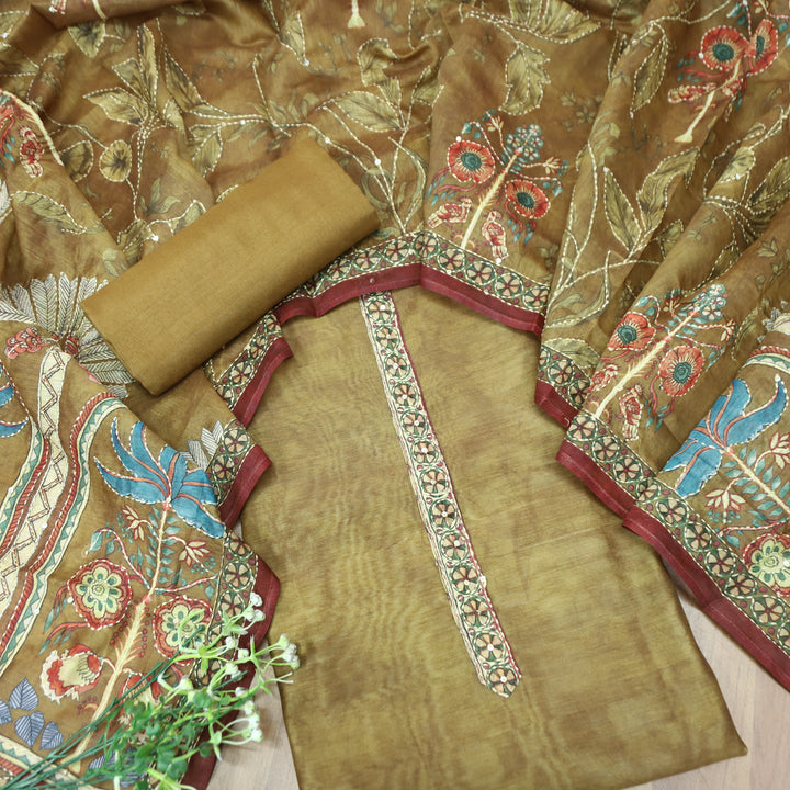 Hairat Peanut Brown Printed All Over Kantha Embroidery Chanderi Suit Set