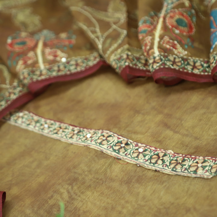 Hairat Peanut Brown Printed All Over Kantha Embroidery Chanderi Suit Set