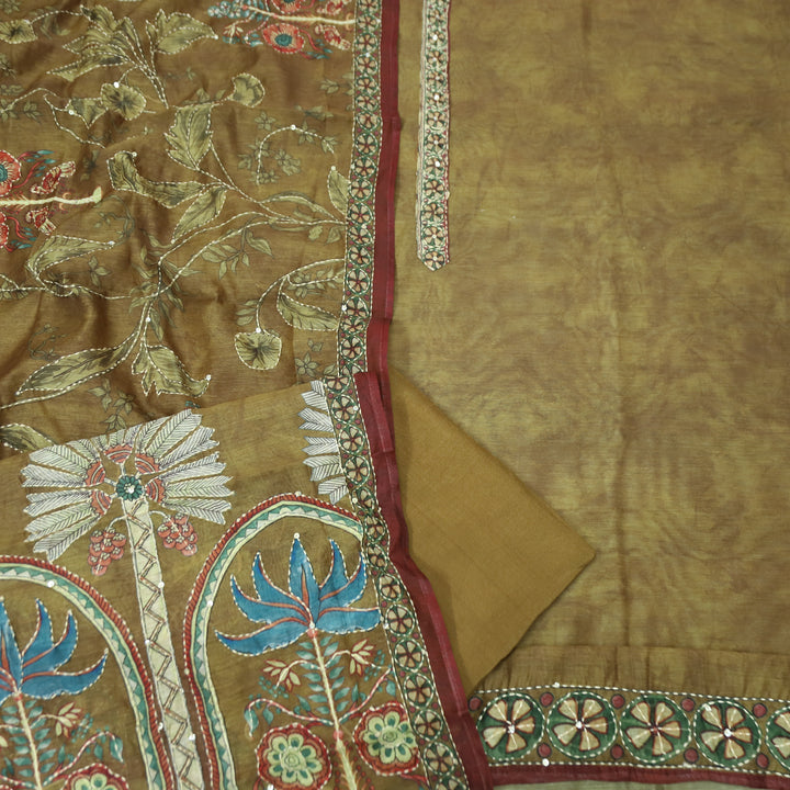 Hairat Peanut Brown Printed All Over Kantha Embroidery Chanderi Suit Set