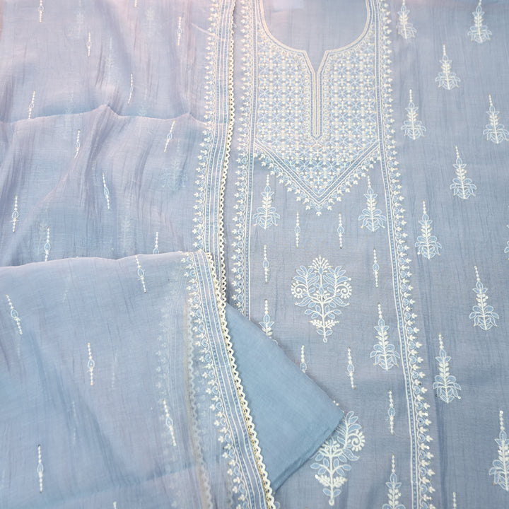 Jeevika Powder Blue Embroidered Panel Mul Chanderi Set