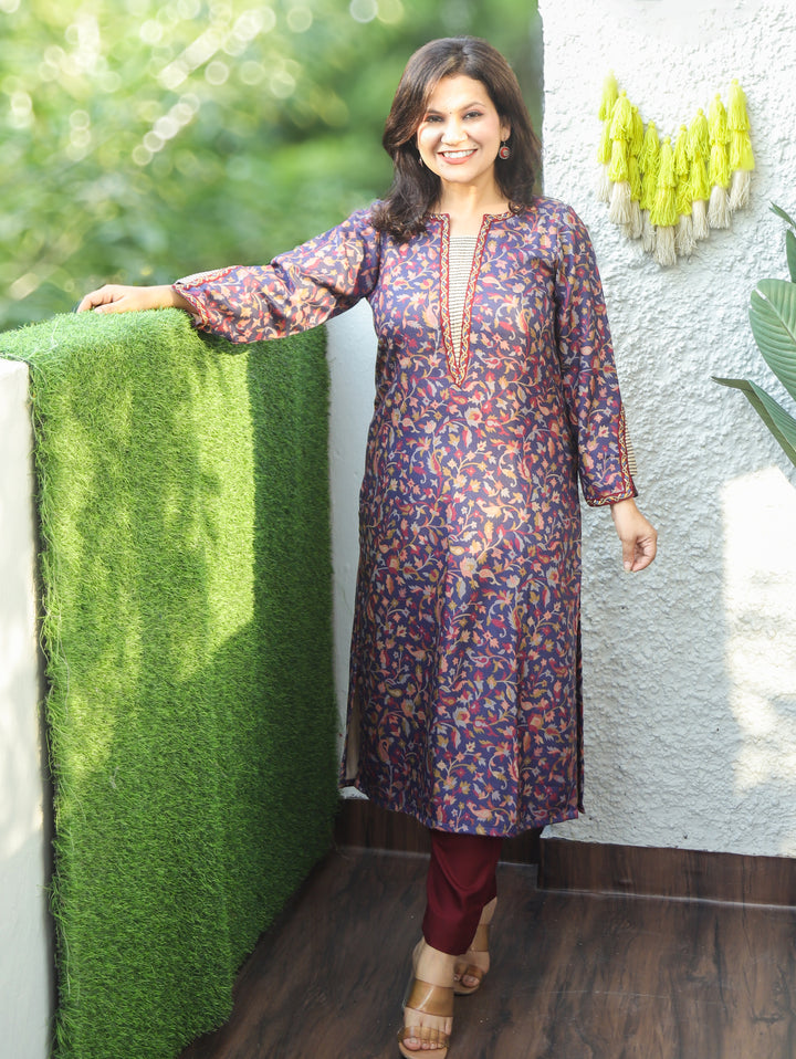 Samira Navy Blue Minimal Embroidery Kanni Print Semi Woolen Winter Kurti