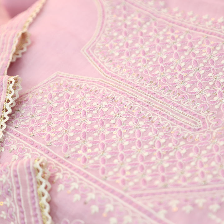 Jeevika Tulip Pink Embroidered Panel Mul Chanderi Set