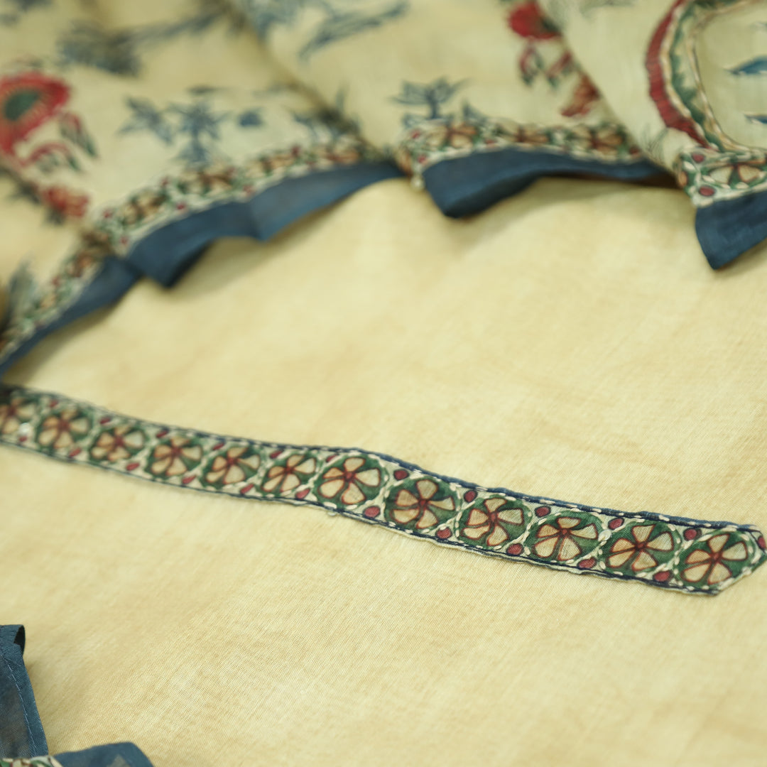 Hairat Powder Beige Printed All Over Kantha Embroidery Chanderi Suit Set