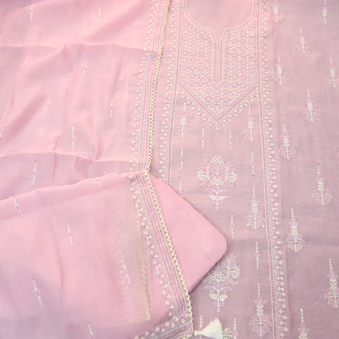 Jeevika Tulip Pink Embroidered Panel Mul Chanderi Set