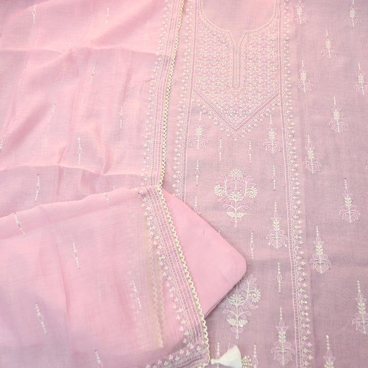 Jeevika Tulip Pink Embroidered Panel Mul Chanderi Set