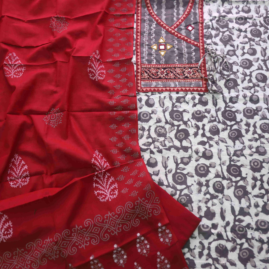 Khairiyat Tan Beige Angrakha Kutch Neck Work Cotton Suit Set-D3