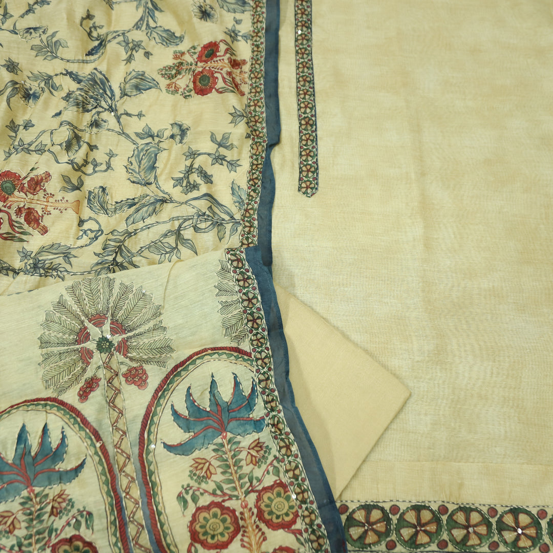 Hairat Powder Beige Printed All Over Kantha Embroidery Chanderi Suit Set