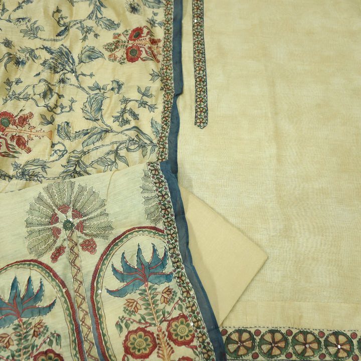 Hairat Powder Beige Printed All Over Kantha Embroidery Chanderi Suit Set