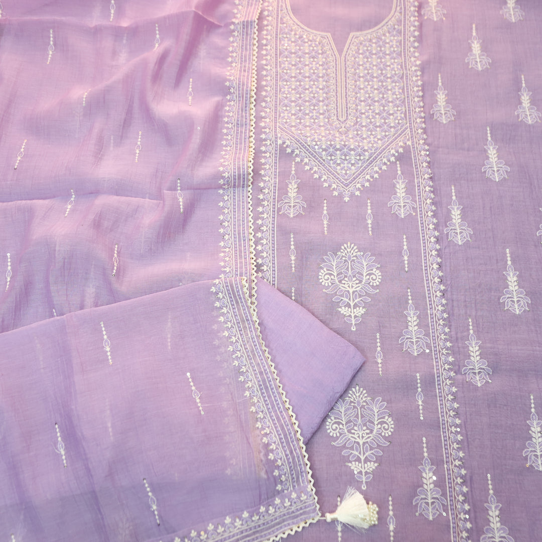 Jeevika Orchid Lavender Blue Embroidered Panel Mul Chanderi Set