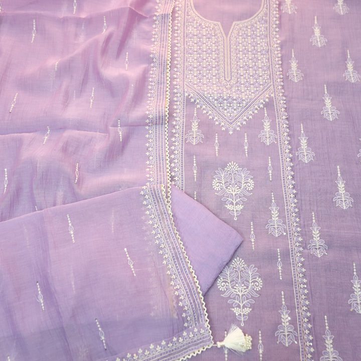 Jeevika Orchid Lavender Blue Embroidered Panel Mul Chanderi Set