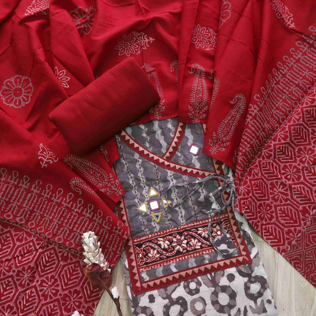 Khairiyat Ivory Beige Angrakha Kutch Neck Work Cotton Suit Set D5
