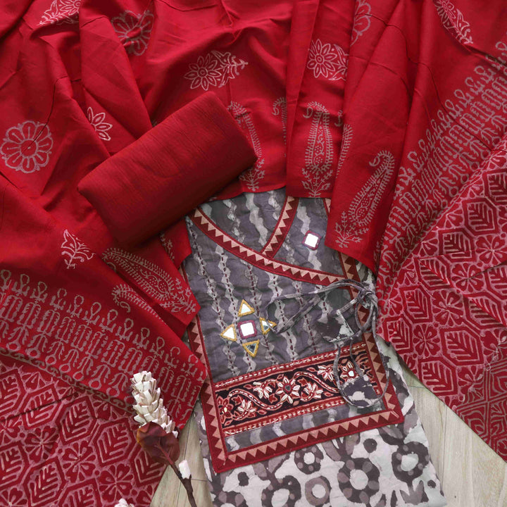 Khairiyat Ivory Beige Angrakha Kutch Neck Work Cotton Suit Set D5