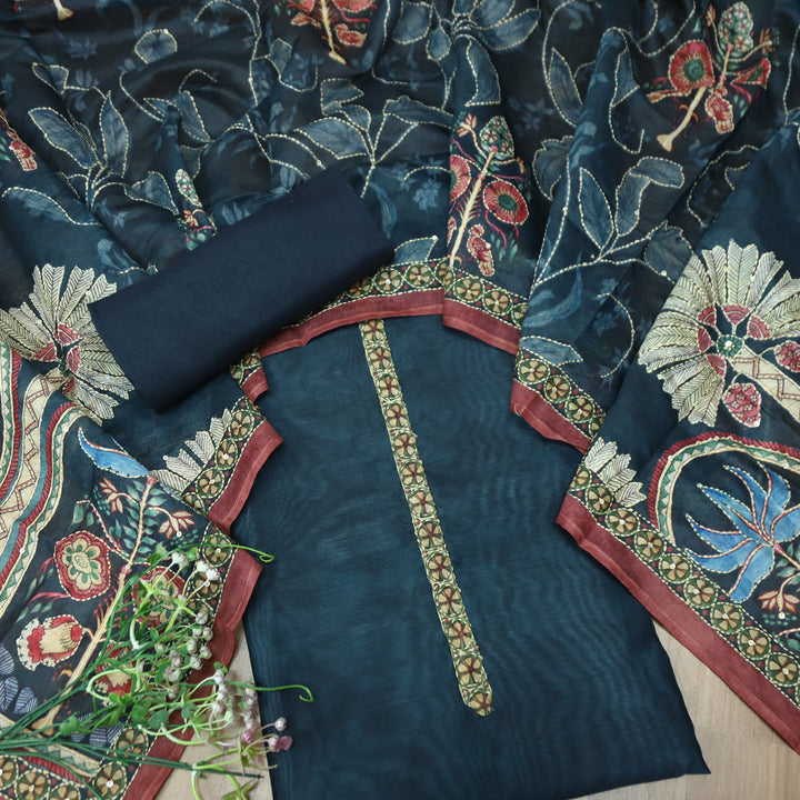 Hairat Peacock Navy Blue Printed All Over Kantha Embroidery Chanderi Suit Set