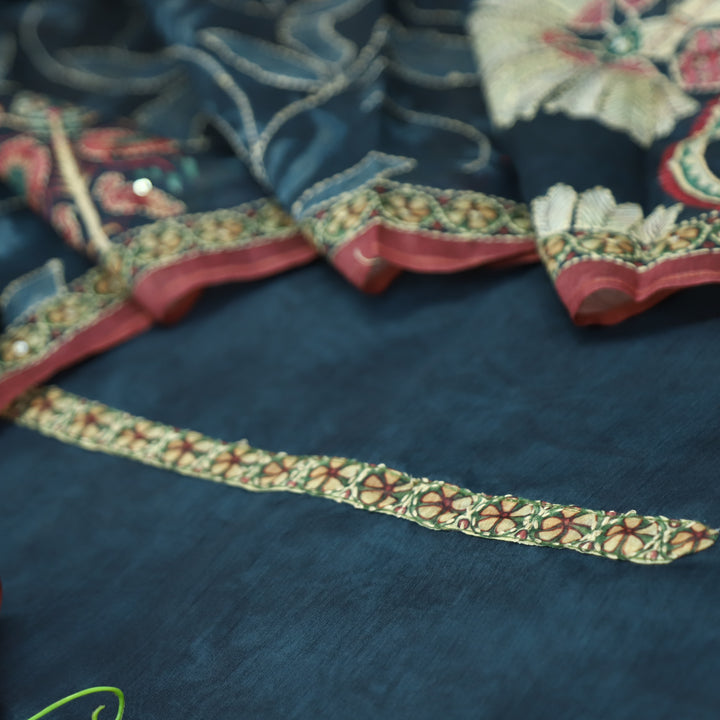 Hairat Peacock Navy Blue Printed All Over Kantha Embroidery Chanderi Suit Set