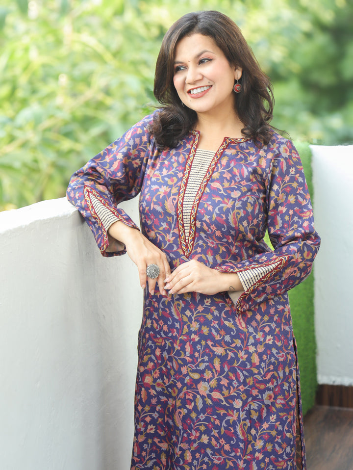 Samira Navy Blue Minimal Embroidery Kanni Print Semi Woolen Winter Kurti