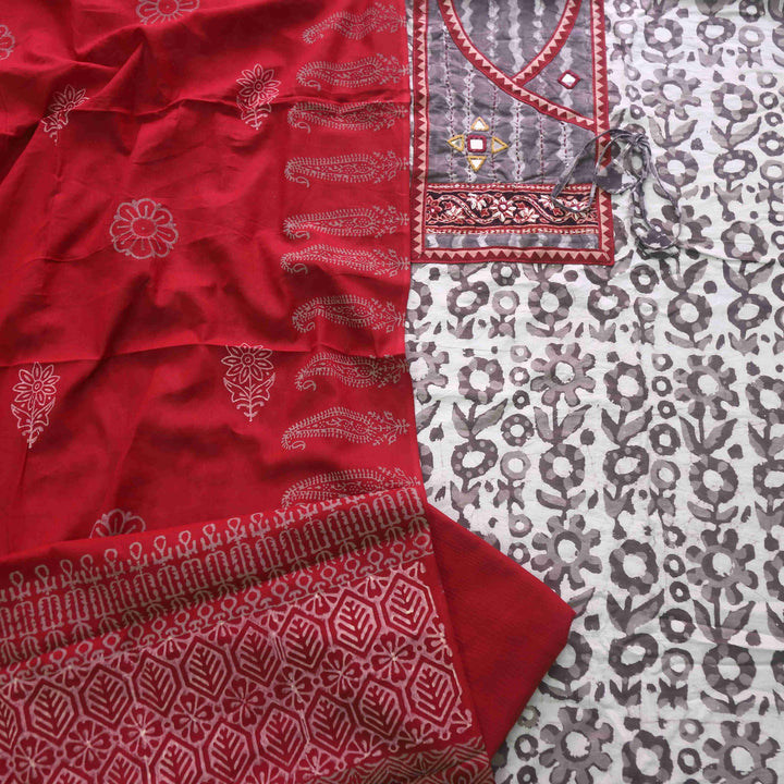 Khairiyat Ivory Beige Angrakha Kutch Neck Work Cotton Suit Set D5