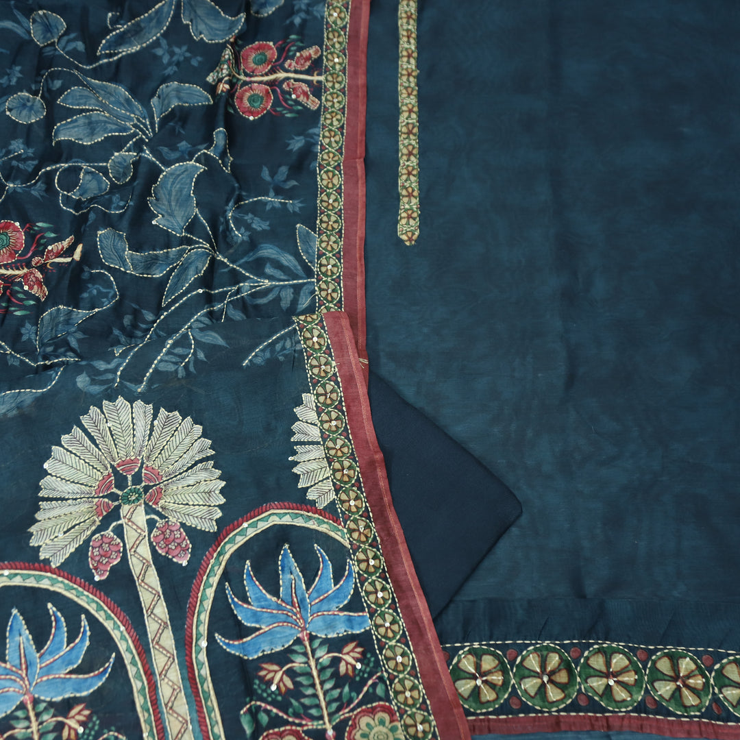 Hairat Peacock Navy Blue Printed All Over Kantha Embroidery Chanderi Suit Set
