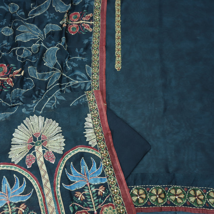 Hairat Peacock Navy Blue Printed All Over Kantha Embroidery Chanderi Suit Set