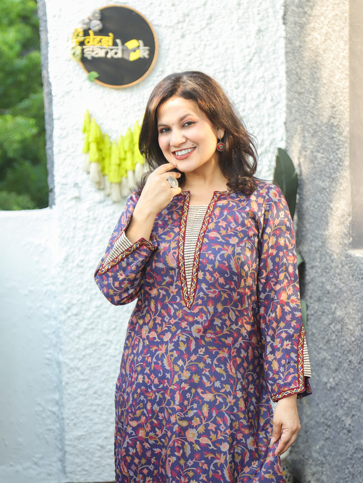 Samira Navy Blue Minimal Embroidery Kanni Print Semi Woolen Winter Kurti