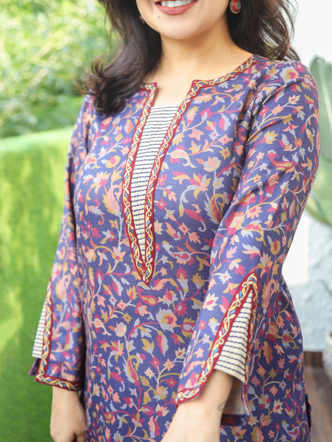Samira Navy Blue Minimal Embroidery Kanni Print Semi Woolen Winter Kurti